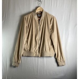 Bagatelle Womens L Tan Faux Suede Bomber Jacket Zip Up Embroidered Back Soft